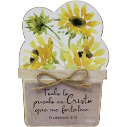[BG-1001C] Plaqueta De Madera Flores Amarillas Filipenses 4:13 Todo Lo Puedo En Cristo.