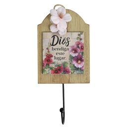 [DEPO-1001C] Colgador De Madera Dios Bendiga Este Lugar Diseño Flores