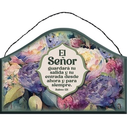 [DECOR-2034N] Porta Llaves Color Verde Diseño: Flores Moradas Texto: Salmo 121 El Señor Guardará Tu Salida Y Tu Entrada