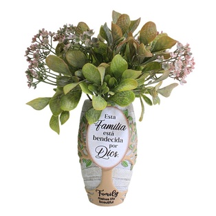 Florero De Ceramica Con Flores Texto: Esta Familia Está Bendecida Por Dios