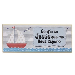 [DECOR-1275] Plaqueta Colgante Barco Rojo  Confío En Jesús Que Me Lleva Seguro