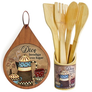 Combo Aislante De Madera + Set De Paletas Texto: Dios Bendiga Mi Cocina ( Teteras )