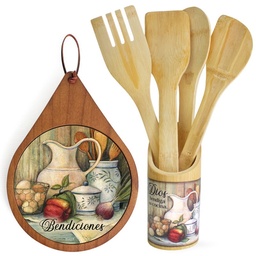 [COMBO-1135B] Combo Aislante De Madera + Set De Paletas Texto: Dios Bendiga Mi Cocina ( Verduras )