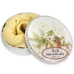 [MET-BS23041C] Caja De Metal Redonda Flores Blancas Tú Y Tu Casa Serán Salvos