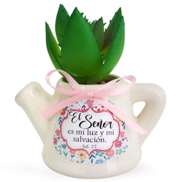 [CERTI-BS21008I] Maceta De Cerámica En Forma De Jarrilla Con Planta Suculenta Salmo 27 El Señor Es Mi Luz Y Mi Salvación