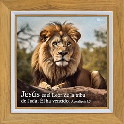 [CART-BS23001J] Cuadro Para Escritorio Marco Color Madera Diseño "El León de la Tribu de Judá" Texto: Apocalipsis 5:5