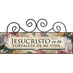 [DECOR-1219G] Plaqueta Con Forja Texto: Salmo 27 Flores Rosadas