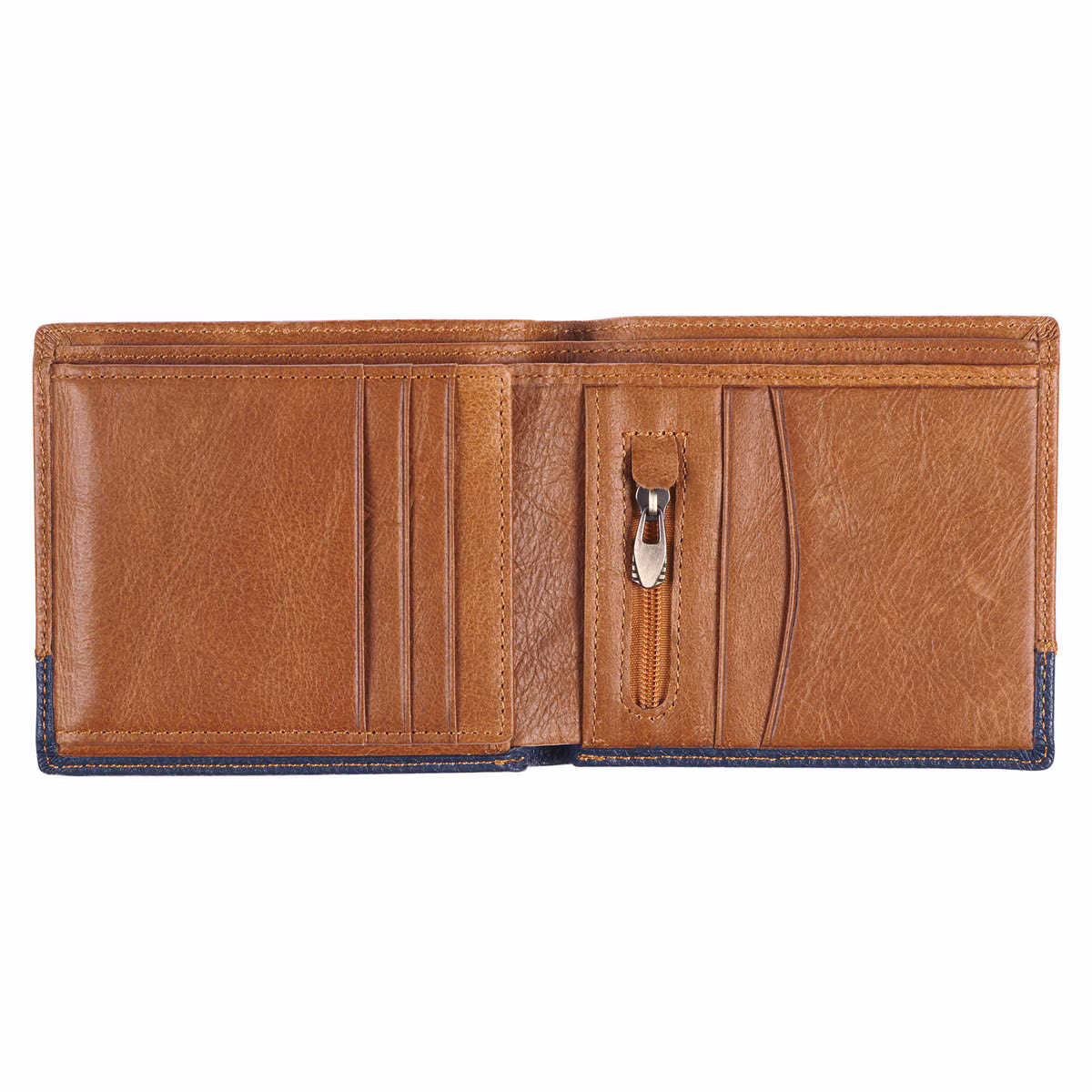 Billetera De Cuero Genuino Caramelo Y Azul Josué 1:9